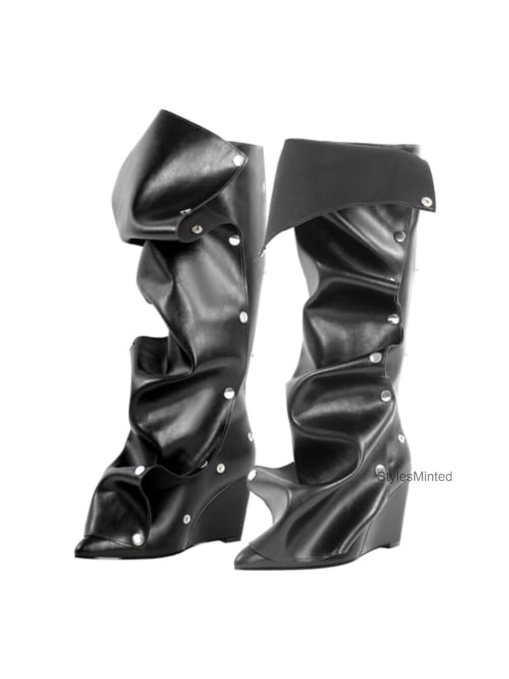 Synthetic Knee-High Slouchy Foldover Wedge Boots with Buttons